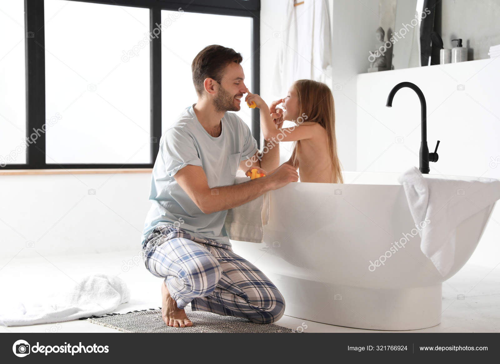 Step dad and daughter sharing the bathroom