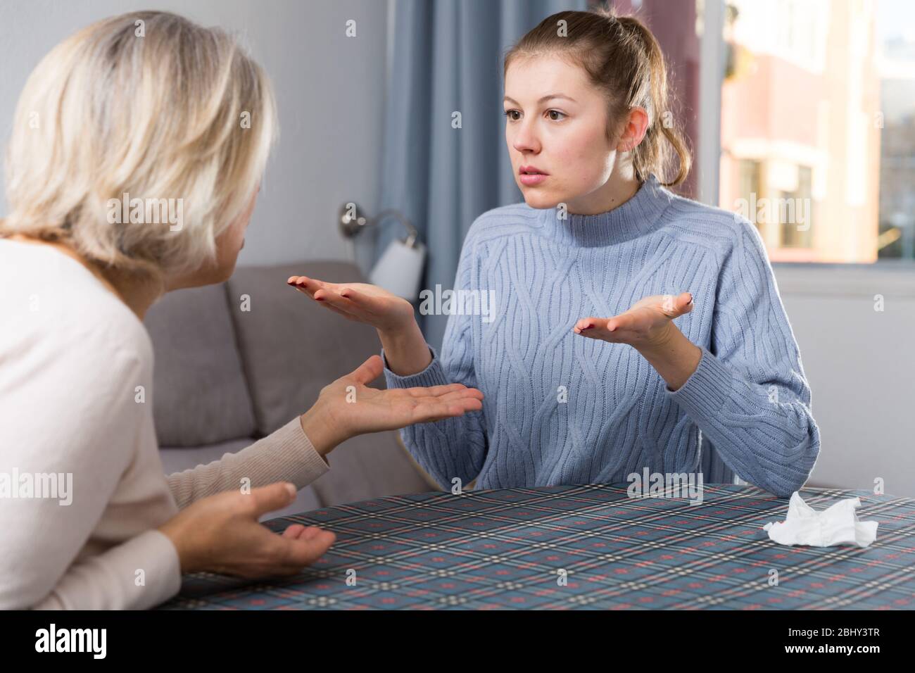 Stock Photo: Mature mother and adult daughter scandal in domestic interior