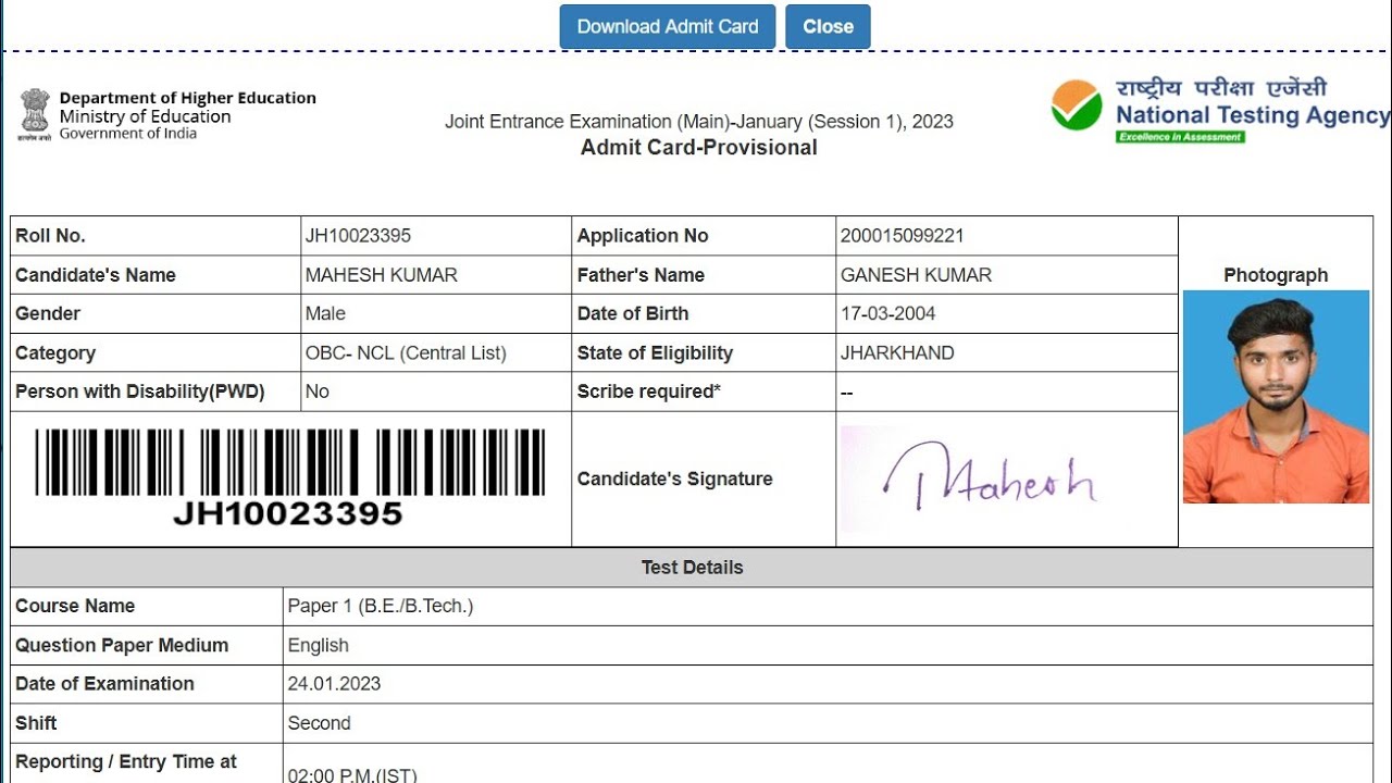 Jee admit card