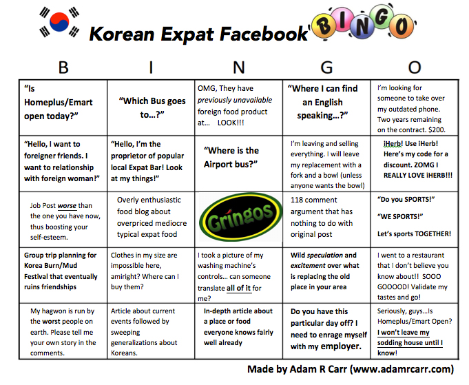 Korean Expat Facebook Bingo!