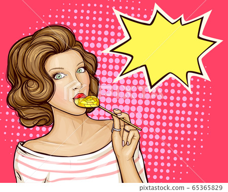 Stock Illustration: Young sexy brunette girl sucks lollipop tags