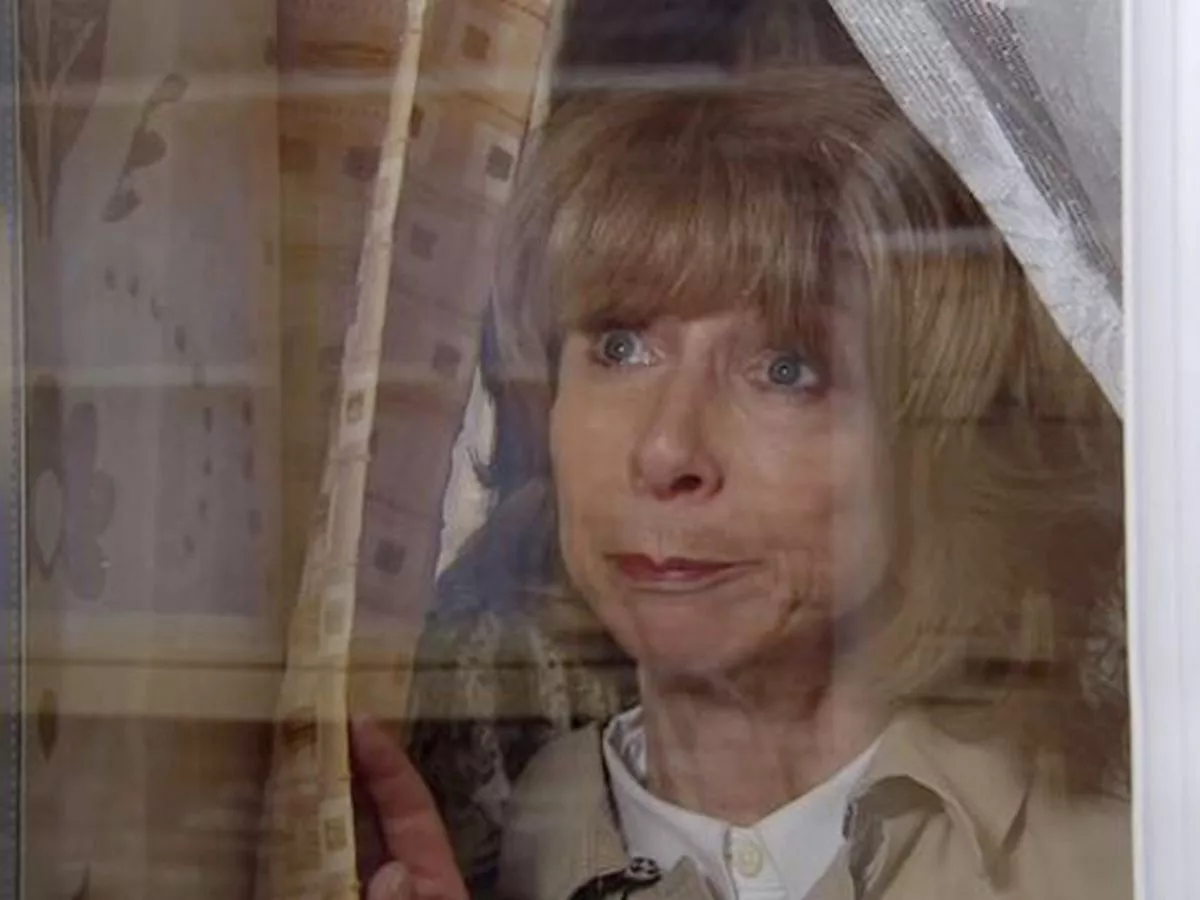 Gail Leaving Happily And David Fake Smiling To Frowning Coronation Street GIF